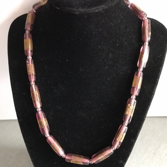 Vintage Jewelry - Vintage Purple with Gold Indian Glass Necklace Sterling Silver Clasp 19.5"